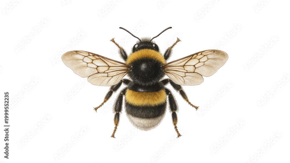 Fototapeta premium Fuzzy striped Bumblebee with spread wings and hairy body