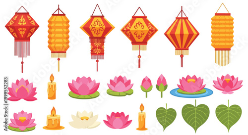 Set of 24 Asian Lanterns, Lotus Flowers, Candles, and Leaves Vector Illustration