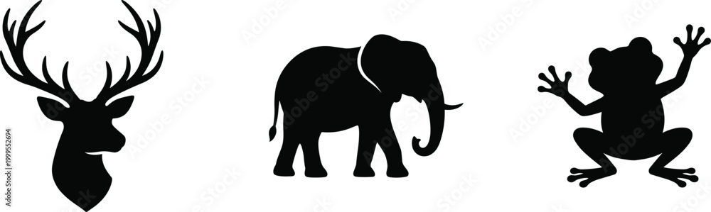 Fototapeta premium Deer elephant frog animal silhouettes icon illustration, wildlife artwork design, nature motif concept symbol graphic, black white professional artistic representation