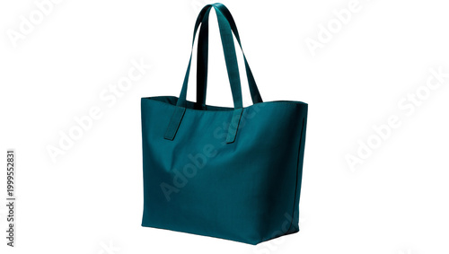 Teal fabric tote bag with black handles and square bottom