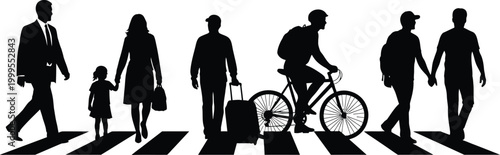 Silhouetted figures crossing a street at a crosswalk depicting urban life and movement