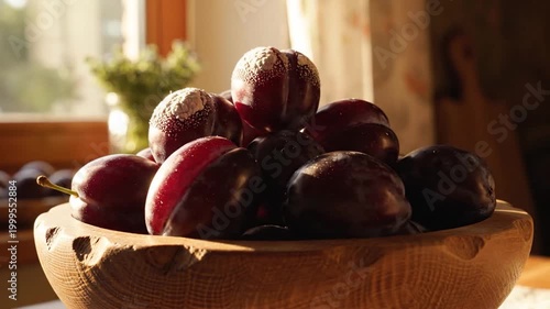 Bowl of Ripe Purple Plums Bathed in Sunlight