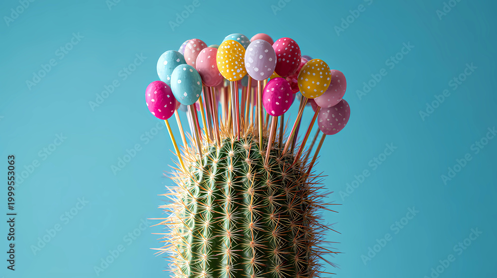 Fototapeta premium Cactus with needles made of colorful party toothpicks and balloons, Generative AI illustrations.