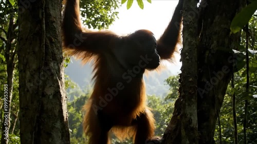 Orangutan hangs in a lush rainforest canopy with mountain backdrop, showcasing primate behaviors in its natural habitat