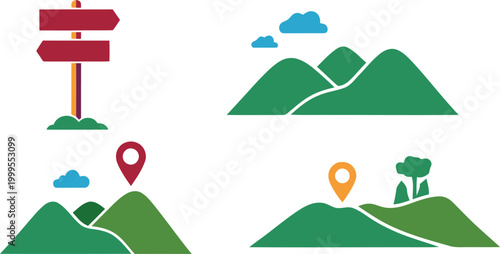 Set of travel icons with mountain landscape scenery and directional road signs with location pin markers for navigation