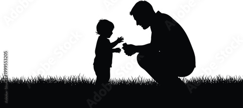 Silhouette of a father and child interacting outdoors isolated on transparent background evoking love and connection