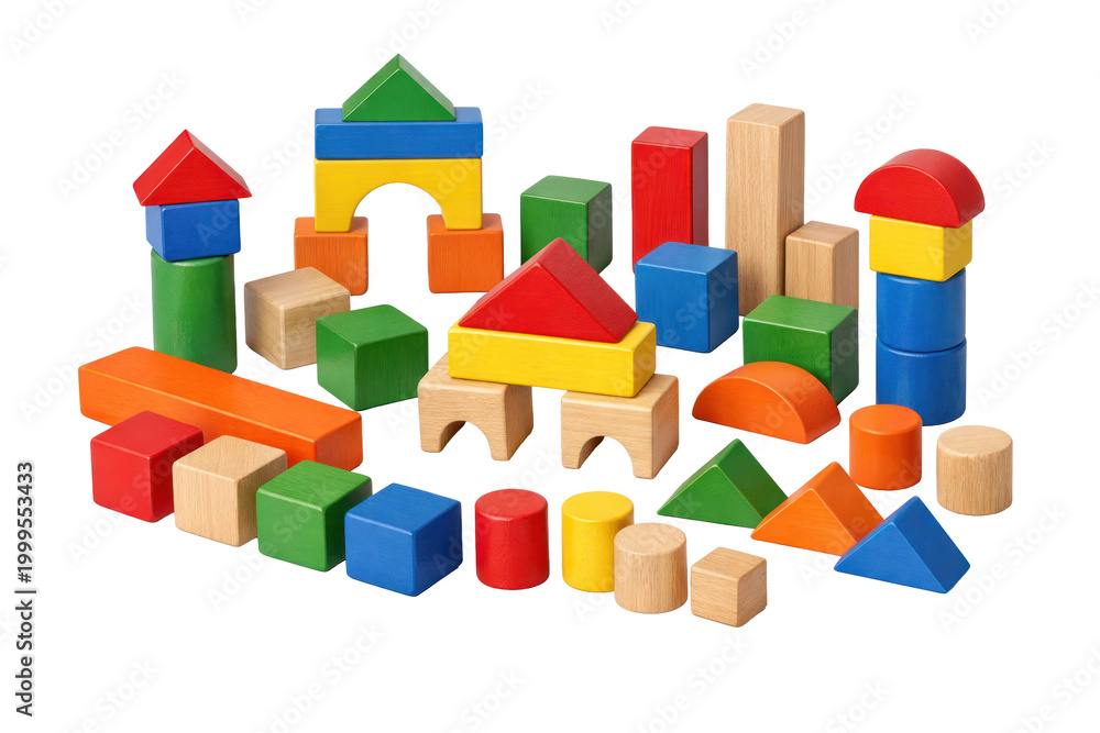 Obraz premium Colorful wooden building blocks, a vibrant collection of educational toys for children's play and creative development. Classic wood block set, perfect for early learning and imaginative