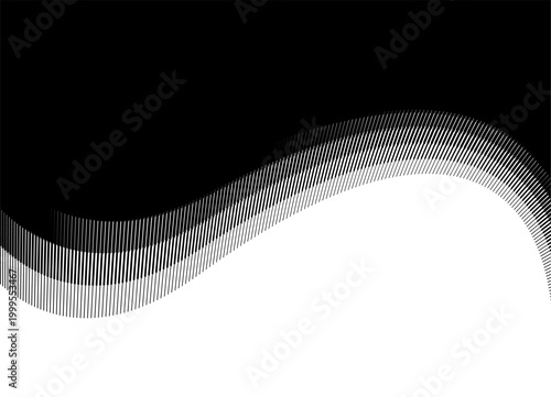 Smooth Transition from black to white. Vector curve wavy shape with striped halftone. Black vector Pattern of thin lines with place for text. Design element. Wavy shapes. Trendy vector background for 