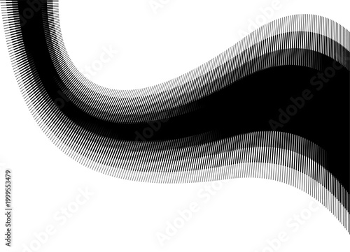 Vector curve wavy shape with striped halftone. Black vector pattern of thin lines with place for text. Design element. Wavy shapes. Trendy vector background for covers, advertising, packaging, labels.
