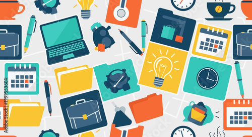 Colorful business office supplies and gadgets seamless pattern