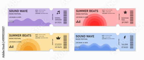 Modern musical festival ticket set  isolated on transparent background. Minimalistic music consert coupons. Decorative element for summer events and festivals. Admit one ticket collection. Vector 