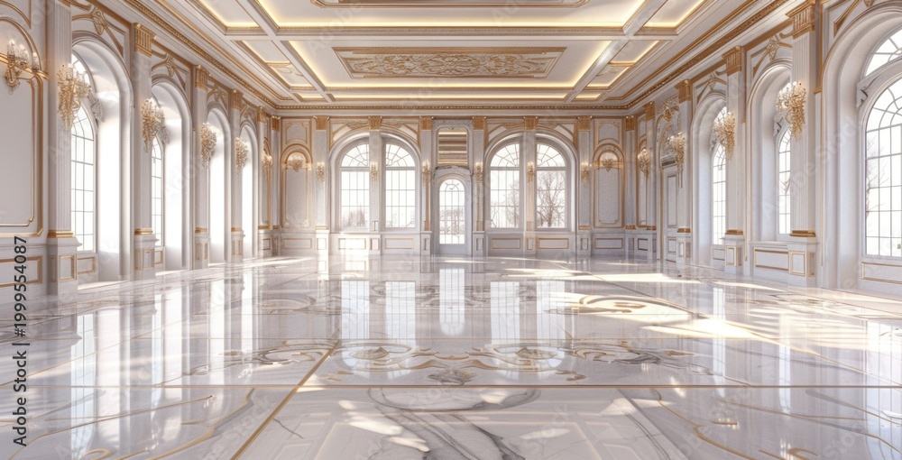 Obraz premium A wide, empty ballroom with glossy white marble floors and intricate golden patterns.