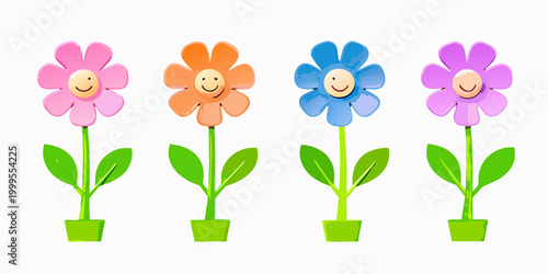 Four cheerful flowers with smiling faces colorful vector illustration