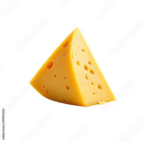 A triangular, golden yellow cheese wedge with holes on a black background