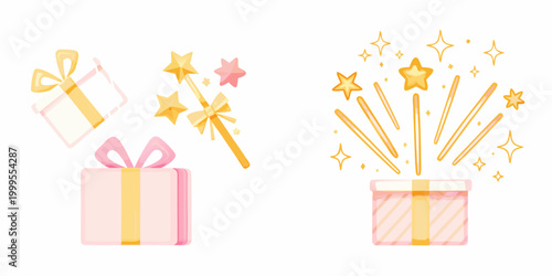 Festive gift boxes magic wand and stars illustration on white background