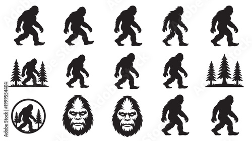 Bigfoot and sasquatch silhouettes vector collection with mythical ape man walking and standing poses, tree