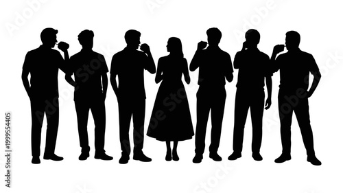 Silhouettes of group of diverse people including men and a woman enjoying drinks at a social gathering