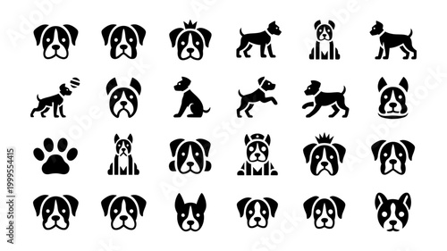 Boxer dog breed icons vector set with head portraits full body poses playing figures paw print symbol