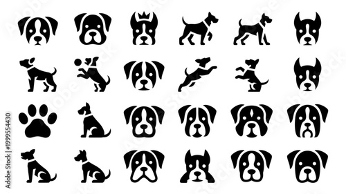 Collection of boxer dog breed vector icons featuring headshots action poses sitting figures paw symbol