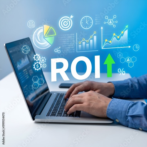business professional analyzing roi and financial growth on laptop with digital icons overlay