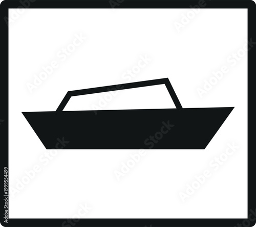 Minimalist Boat Icon – Vector Silhouette of Motorboat or Speedboat in Square Frame for Nautical Signage and Map Symbols