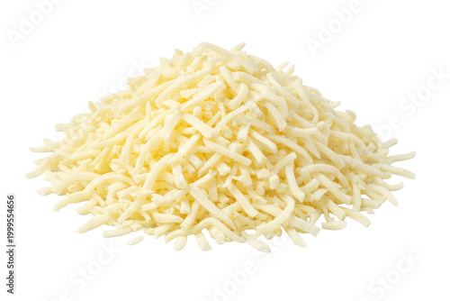 Pile of shredded cheese, a delicious dairy product for cooking and garnishing. Fresh grated cheese, perfect for pizza, pasta, and savory dishes, isolated on white.