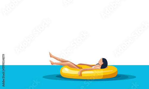 A woman relaxes on a yellow float in blue water.
