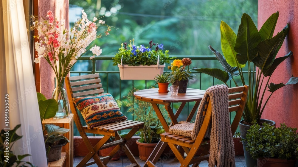 Fototapeta premium A cozy balcony featuring wooden chairs, a round table adorned with plants, colorful flowers, and a warm atmosphere.