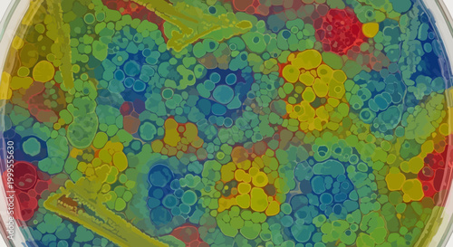 Microbiological growth on agar plate colorful bacteria colonies