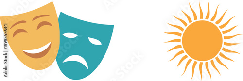 Happy and sad theater drama masks with a bright orange sun icon representing duality and balance in life and emotion