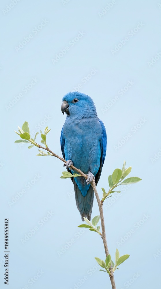 Fototapeta premium Blue Macaw Parrot Perched on a Tree Branch Against Clear Sky