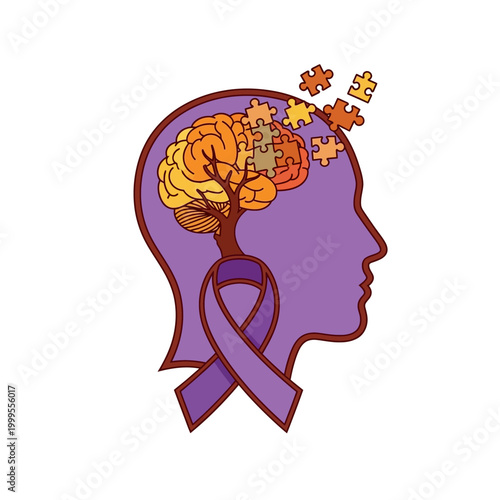 A purple human head silhouette with a brain depicted as a tree and puzzle pieces breaking away, featuring a purple awareness ribbon.