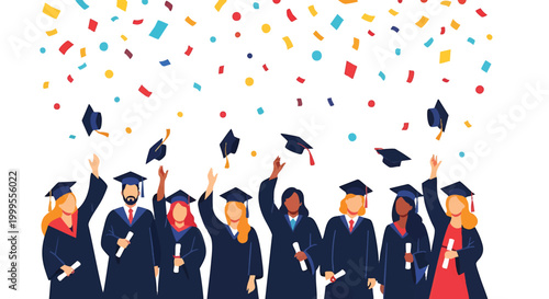Diverse Group of Graduates Celebrating with Confetti and Tossing Caps.