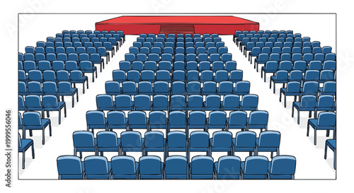 Empty auditorium with blue chairs and red stage.