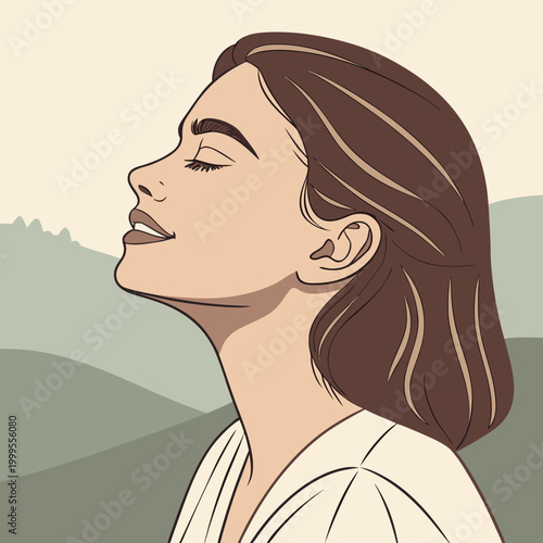 Woman with closed eyes smiling in a green landscape