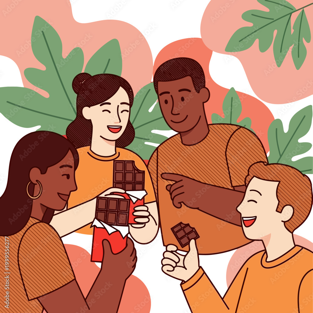 Fototapeta premium A diverse group of friends happily sharing and enjoying delicious chocolate bars together.