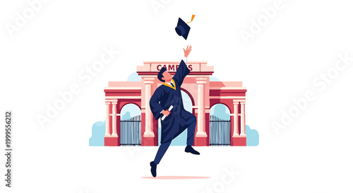 Happy Graduate Throwing Cap in Air in Front of University Building.