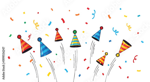 Colorful Party Hats and Confetti Exploding on White Background.