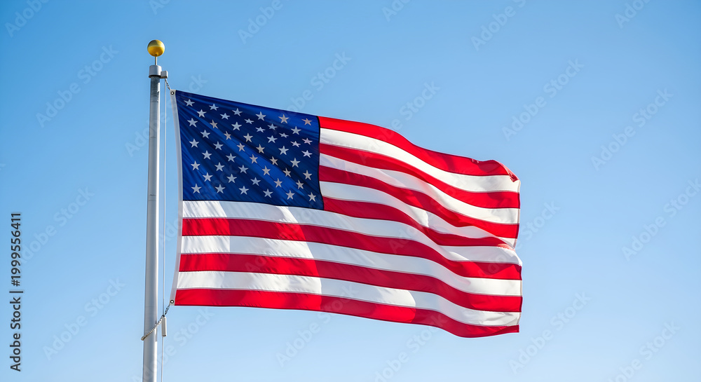 Obraz premium American flag waving on flagpole against a clear blue-sky background