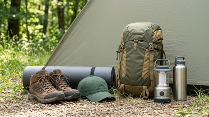 Neatly packed summer camping gear arranged outside tent in forest