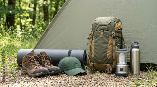 Neatly packed summer camping gear arranged outside tent in forest