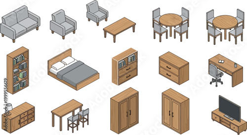 Isometric Furniture Set Collection Featuring Modern Wooden Home Interior Elements for Architectural Planning and Interior Design Visualization Projects