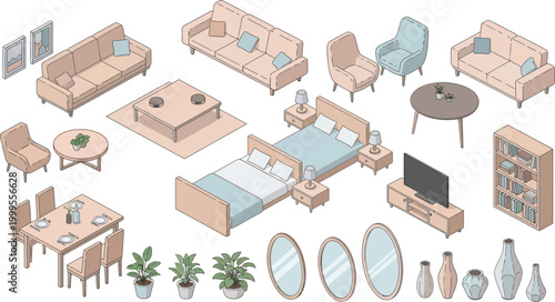 Isometric Furniture Set for Interior Design Projects Featuring Modern Living Room Bedroom and Dining Room Decor Elements Collection