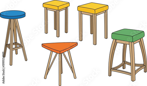 Set of colorful wooden stools with various shapes and designs for modern interior furniture and home decor concepts