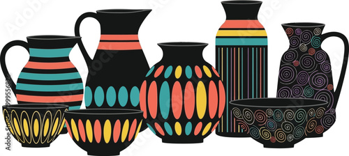 Set of decorative ceramic vases and bowls with colorful geometric patterns and abstract artistic designs on black background