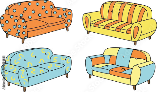 Set of Four Colorful Modern Sofas with Various Patterns and Textures in a Flat Vector Illustration Design Style