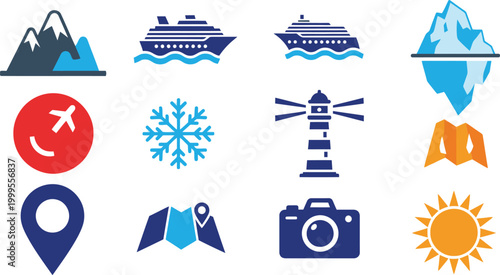 Set of travel and tourism icons featuring cruise ship mountain peak iceberg snowflake lighthouse airplane and camera