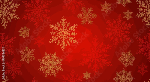 Red background with gold and red snowflakes Christmas pattern