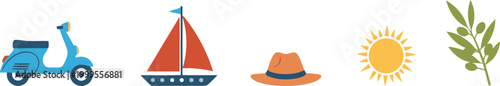 Set of travel icons featuring blue scooter sailboat sun hat and olive branch for summer vacation and holiday design