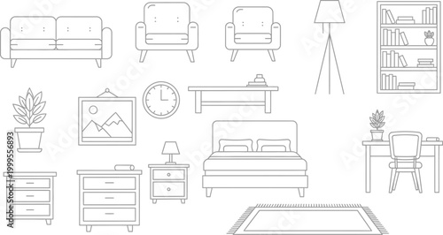 Set of Interior Furniture Icons Vector Illustration Featuring Sofa Armchair Bed Desk Bookshelf and Home Decor Elements Outline Design